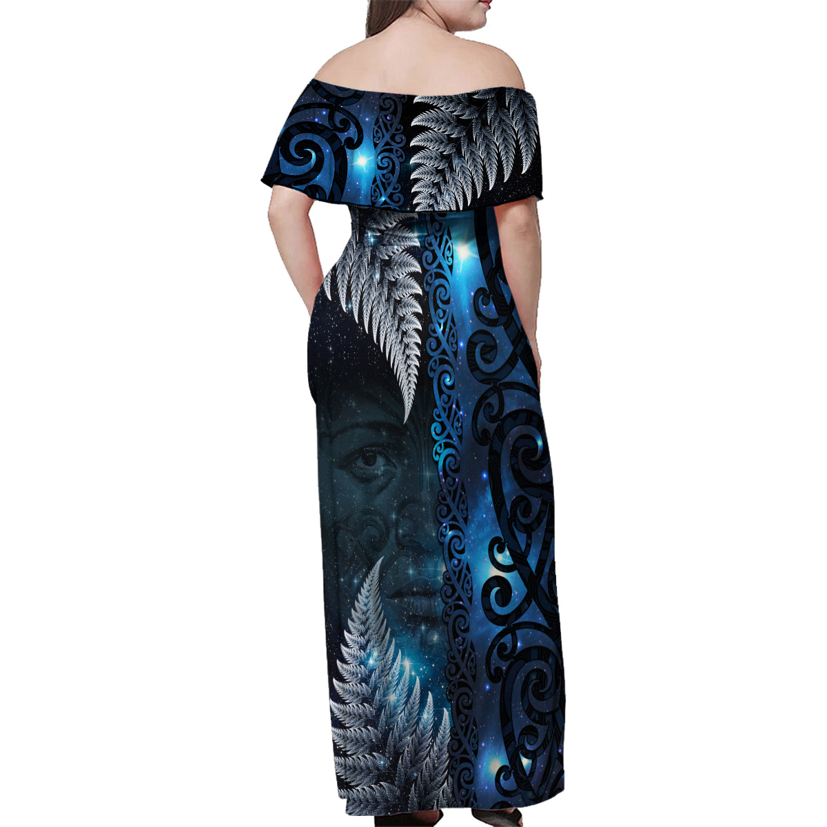 New Zealand Matariki Family Matching Off Shoulder Maxi Dress and Hawaiian Shirt The Tribal Maori Face and Silver Fern LT03 - Polynesian Pride