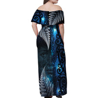New Zealand Matariki Family Matching Off Shoulder Maxi Dress and Hawaiian Shirt The Tribal Maori Face and Silver Fern LT03 - Polynesian Pride