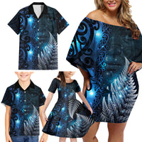 New Zealand Matariki Family Matching Off Shoulder Short Dress and Hawaiian Shirt The Tribal Maori Face and Silver Fern LT03 - Polynesian Pride