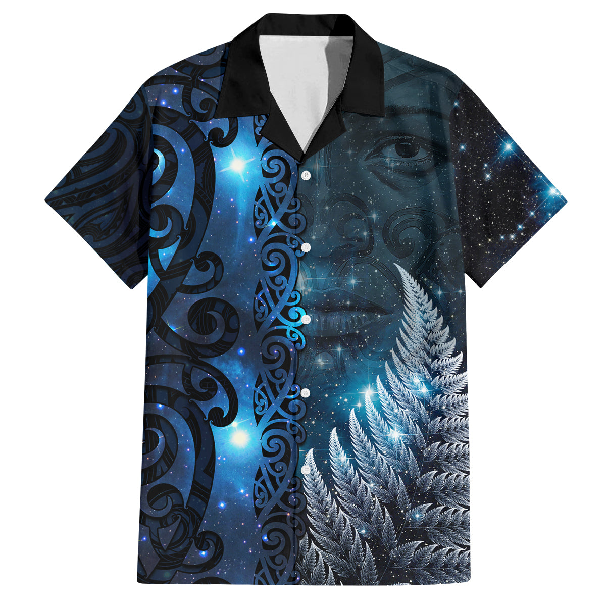 New Zealand Matariki Family Matching Off Shoulder Short Dress and Hawaiian Shirt The Tribal Maori Face and Silver Fern LT03 Dad's Shirt - Short Sleeve Blue - Polynesian Pride