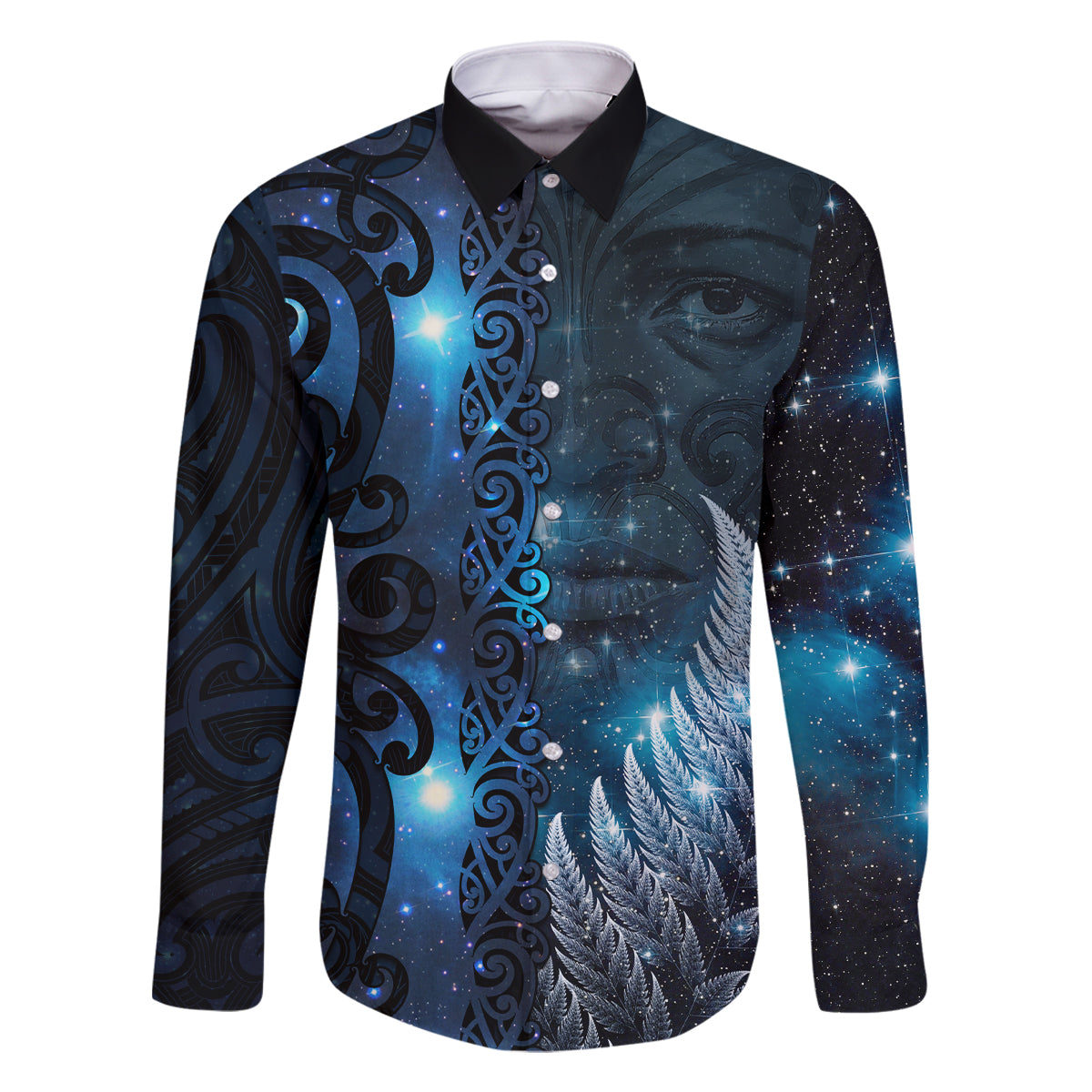 New Zealand Matariki Family Matching Off Shoulder Short Dress and Hawaiian Shirt The Tribal Maori Face and Silver Fern LT03 Dad's Shirt - Long Sleeve Blue - Polynesian Pride