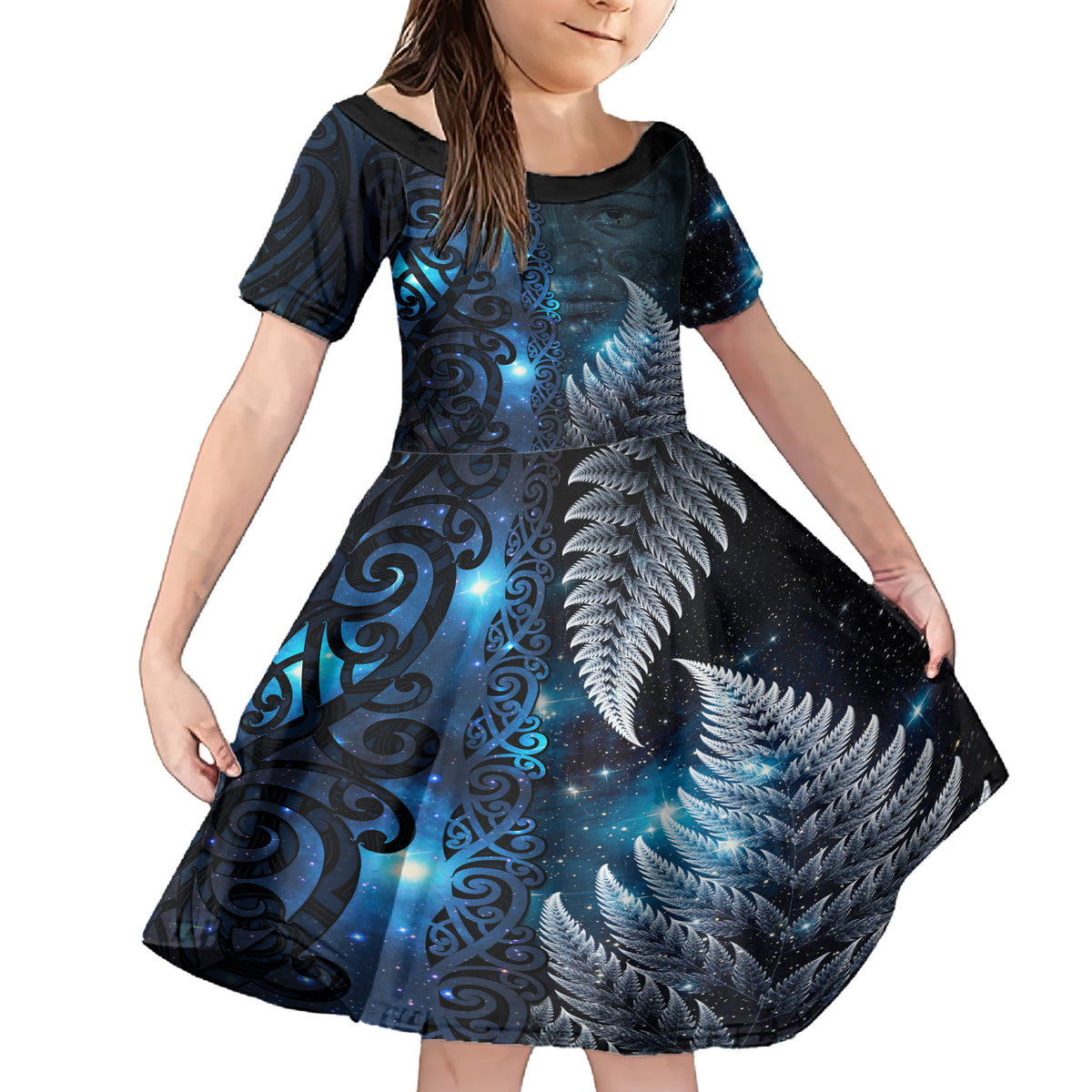 New Zealand Matariki Family Matching Short Sleeve Bodycon Dress and Hawaiian Shirt The Tribal Maori Face and Silver Fern LT03 Daughter's Dress Blue - Polynesian Pride