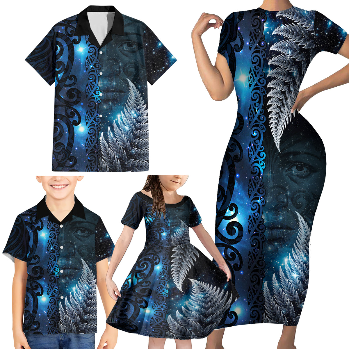 New Zealand Matariki Family Matching Short Sleeve Bodycon Dress and Hawaiian Shirt The Tribal Maori Face and Silver Fern LT03 - Polynesian Pride