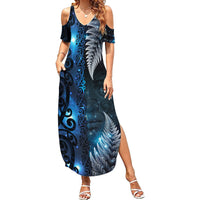 New Zealand Matariki Family Matching Summer Maxi Dress and Hawaiian Shirt The Tribal Maori Face and Silver Fern LT03 Mom's Dress Blue - Polynesian Pride