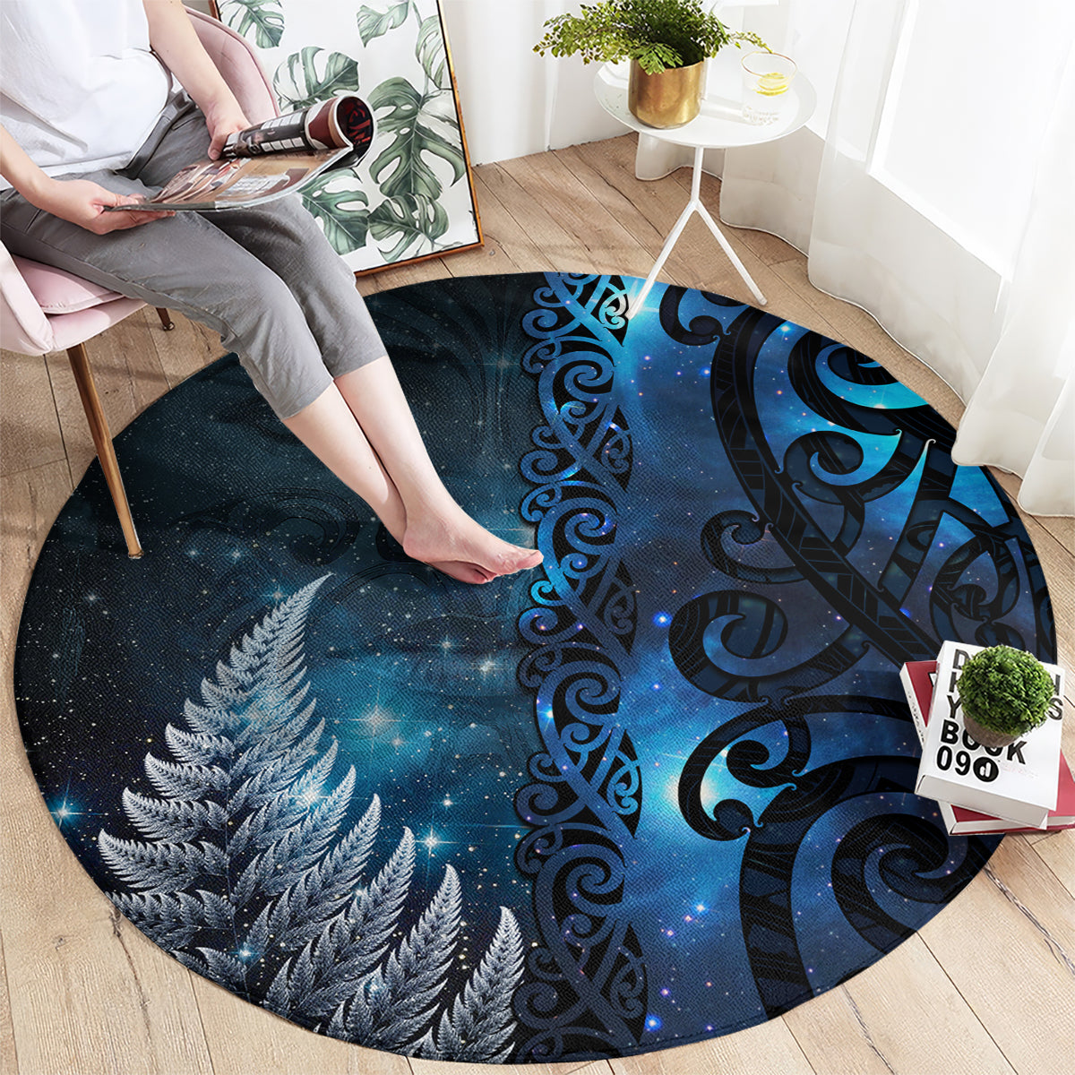 New Zealand Matariki Round Carpet The Tribal Maori Face and Silver Fern