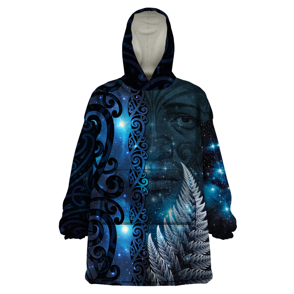 New Zealand Matariki Wearable Blanket Hoodie The Tribal Maori Face and Silver Fern LT03 One Size Blue - Polynesian Pride