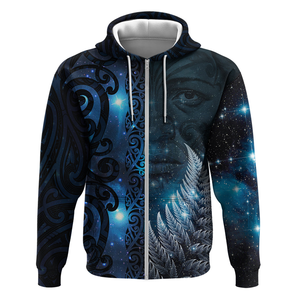 New Zealand Matariki Zip Hoodie The Tribal Maori Face and Silver Fern LT03 Zip Hoodie Blue - Polynesian Pride