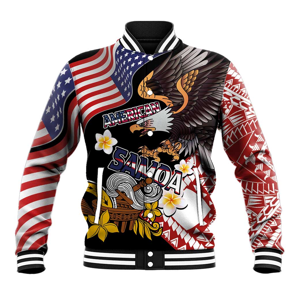 United States and American Samoa Together Baseball Jacket Bald Eagle and Polynesian Traditional Culture with Plumeria