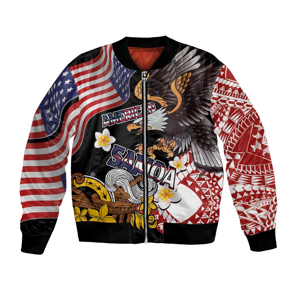 United States and American Samoa Together Bomber Jacket Bald Eagle and Polynesian Traditional Culture with Plumeria