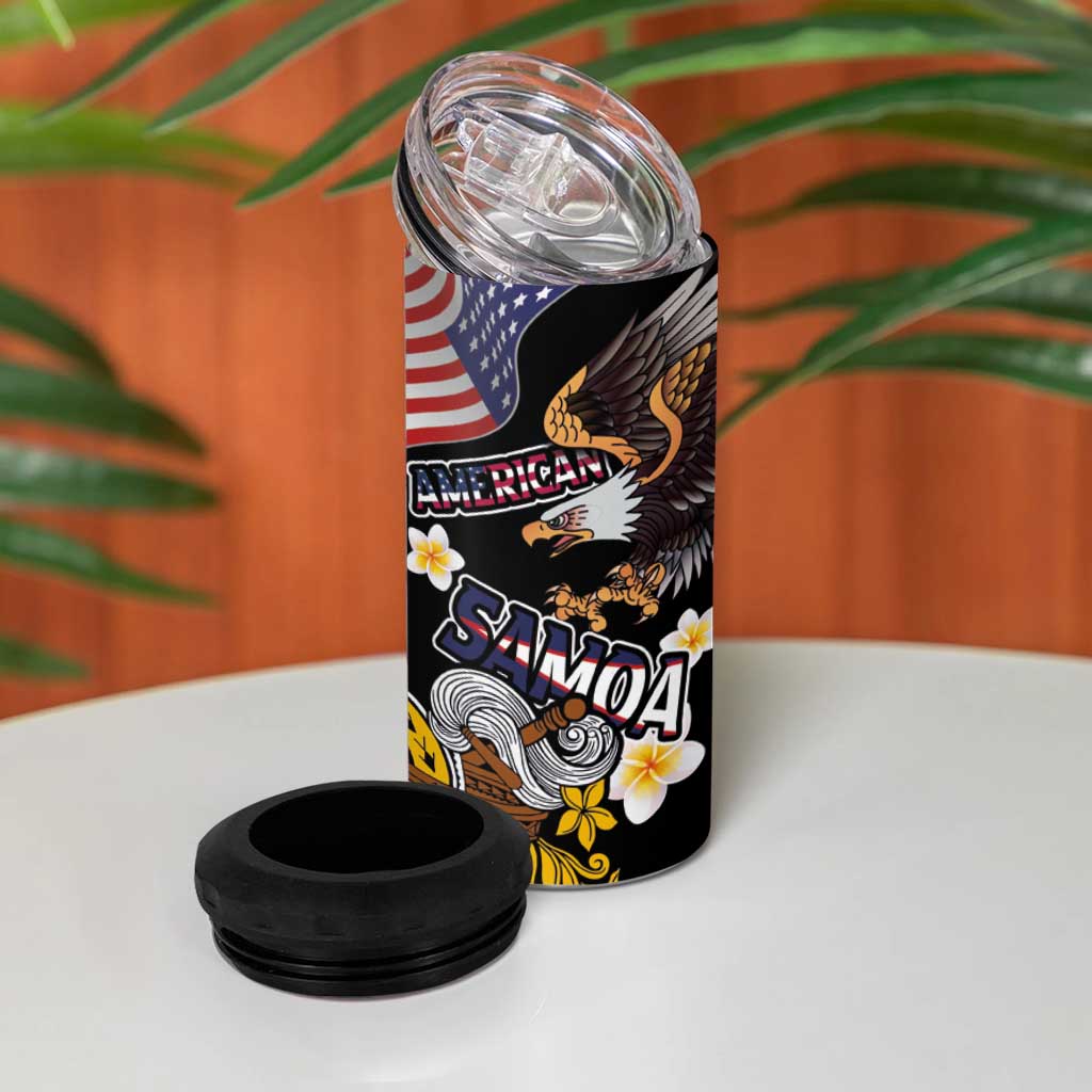 United States and American Samoa Together 4 in 1 Can Cooler Tumbler Bald Eagle and Polynesian Traditional Culture with Plumeria