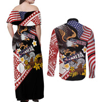 United States and American Samoa Together Couples Matching Off Shoulder Maxi Dress and Long Sleeve Button Shirt Bald Eagle and Polynesian Traditional Culture with Plumeria