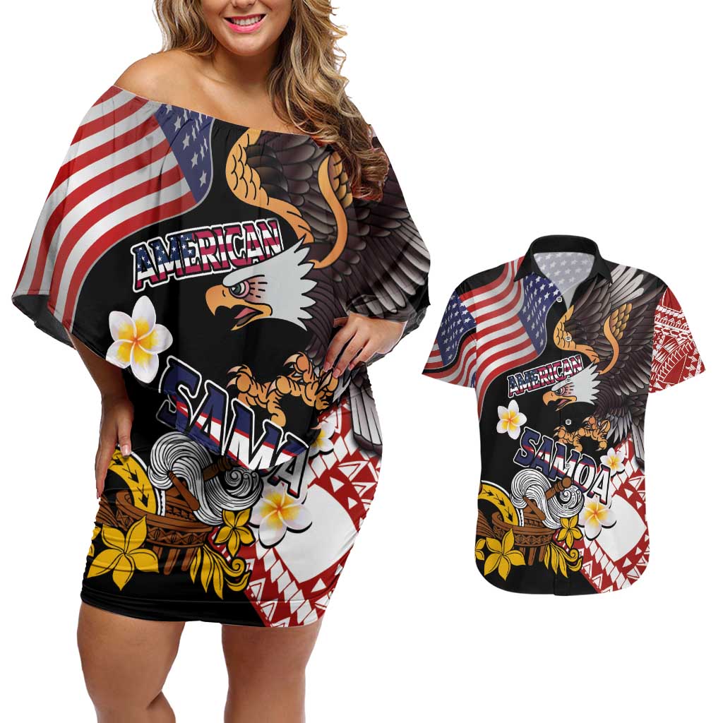 United States and American Samoa Together Couples Matching Off Shoulder Short Dress and Hawaiian Shirt Bald Eagle and Polynesian Traditional Culture with Plumeria