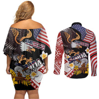 United States and American Samoa Together Couples Matching Off Shoulder Short Dress and Long Sleeve Button Shirt Bald Eagle and Polynesian Traditional Culture with Plumeria