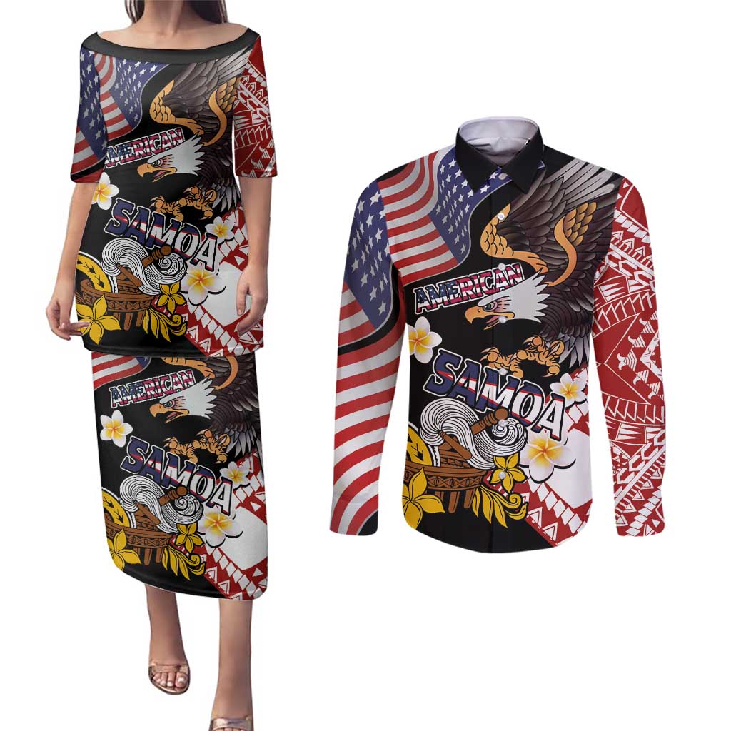 United States and American Samoa Together Couples Matching Puletasi and Long Sleeve Button Shirt Bald Eagle and Polynesian Traditional Culture with Plumeria