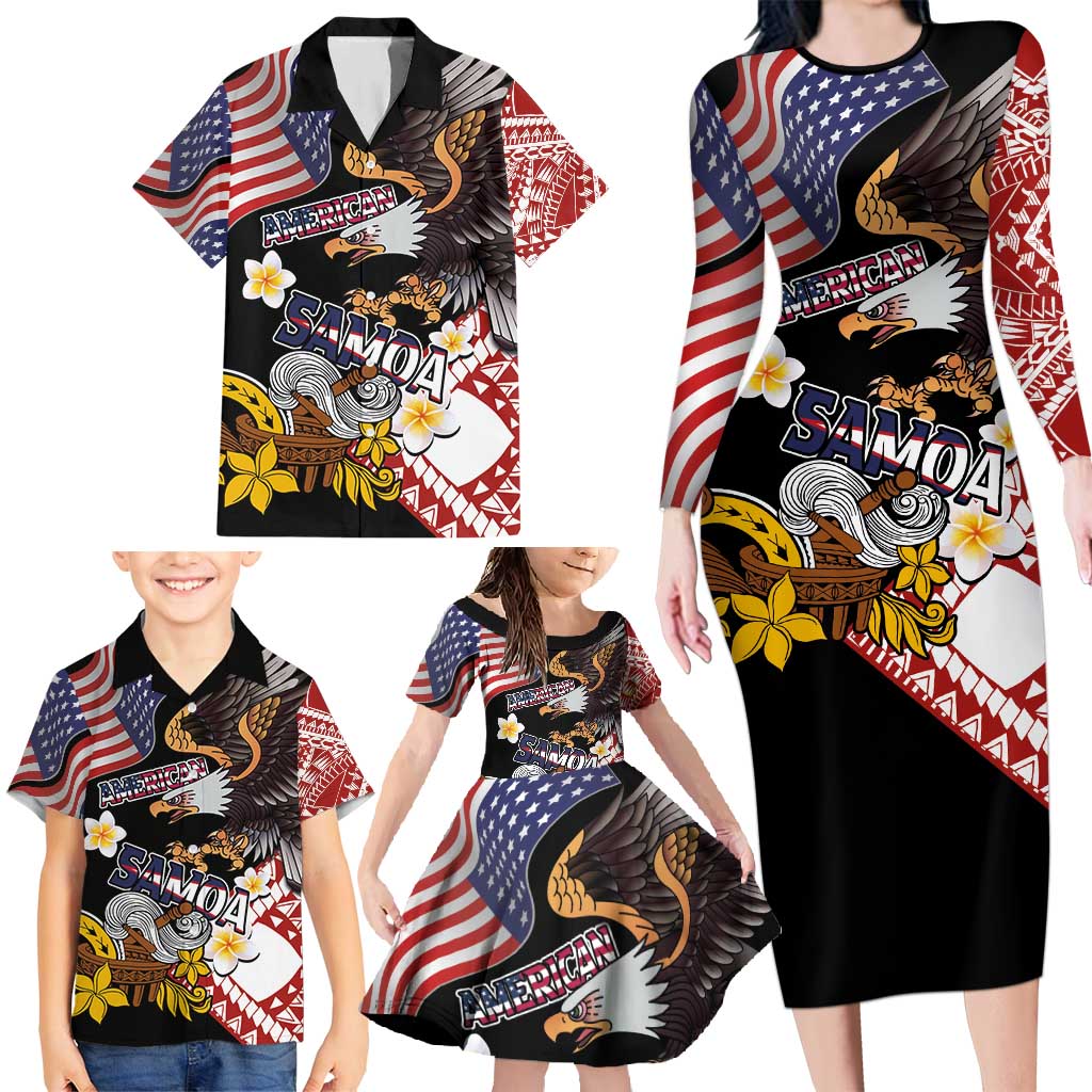 United States and American Samoa Together Family Matching Long Sleeve Bodycon Dress and Hawaiian Shirt Bald Eagle and Polynesian Traditional Culture with Plumeria