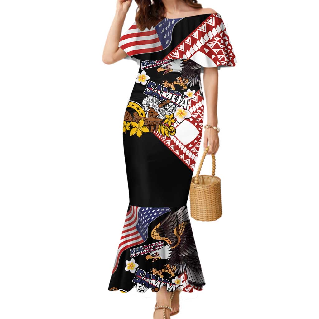 United States and American Samoa Together Family Matching Mermaid Dress and Hawaiian Shirt Bald Eagle and Polynesian Traditional Culture with Plumeria