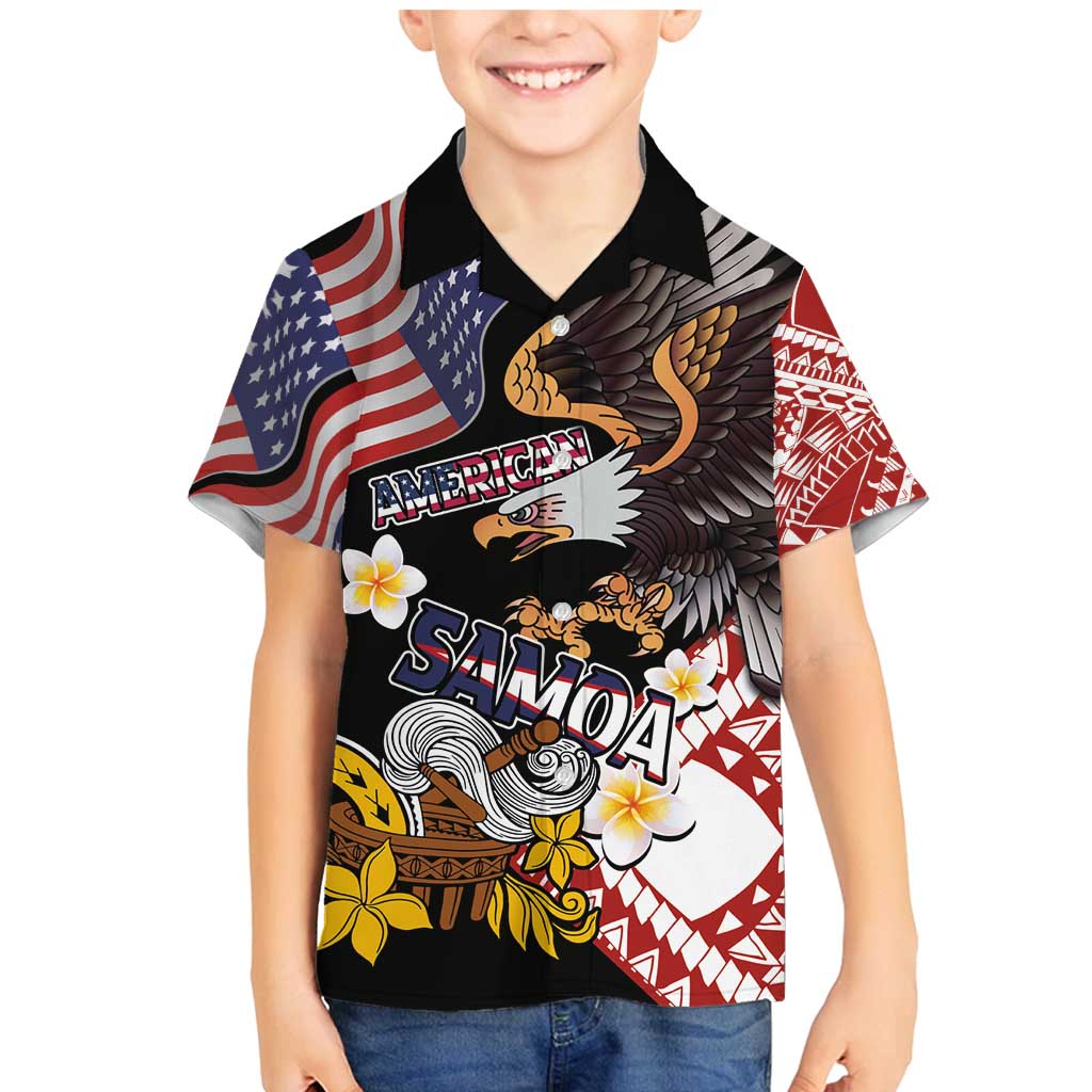 United States and American Samoa Together Family Matching Mermaid Dress and Hawaiian Shirt Bald Eagle and Polynesian Traditional Culture with Plumeria