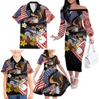 United States and American Samoa Together Family Matching Off The Shoulder Long Sleeve Dress and Hawaiian Shirt Bald Eagle and Polynesian Traditional Culture with Plumeria