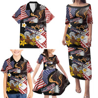 United States and American Samoa Together Family Matching Puletasi and Hawaiian Shirt Bald Eagle and Polynesian Traditional Culture with Plumeria