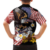 United States and American Samoa Together Family Matching Short Sleeve Bodycon Dress and Hawaiian Shirt Bald Eagle and Polynesian Traditional Culture with Plumeria
