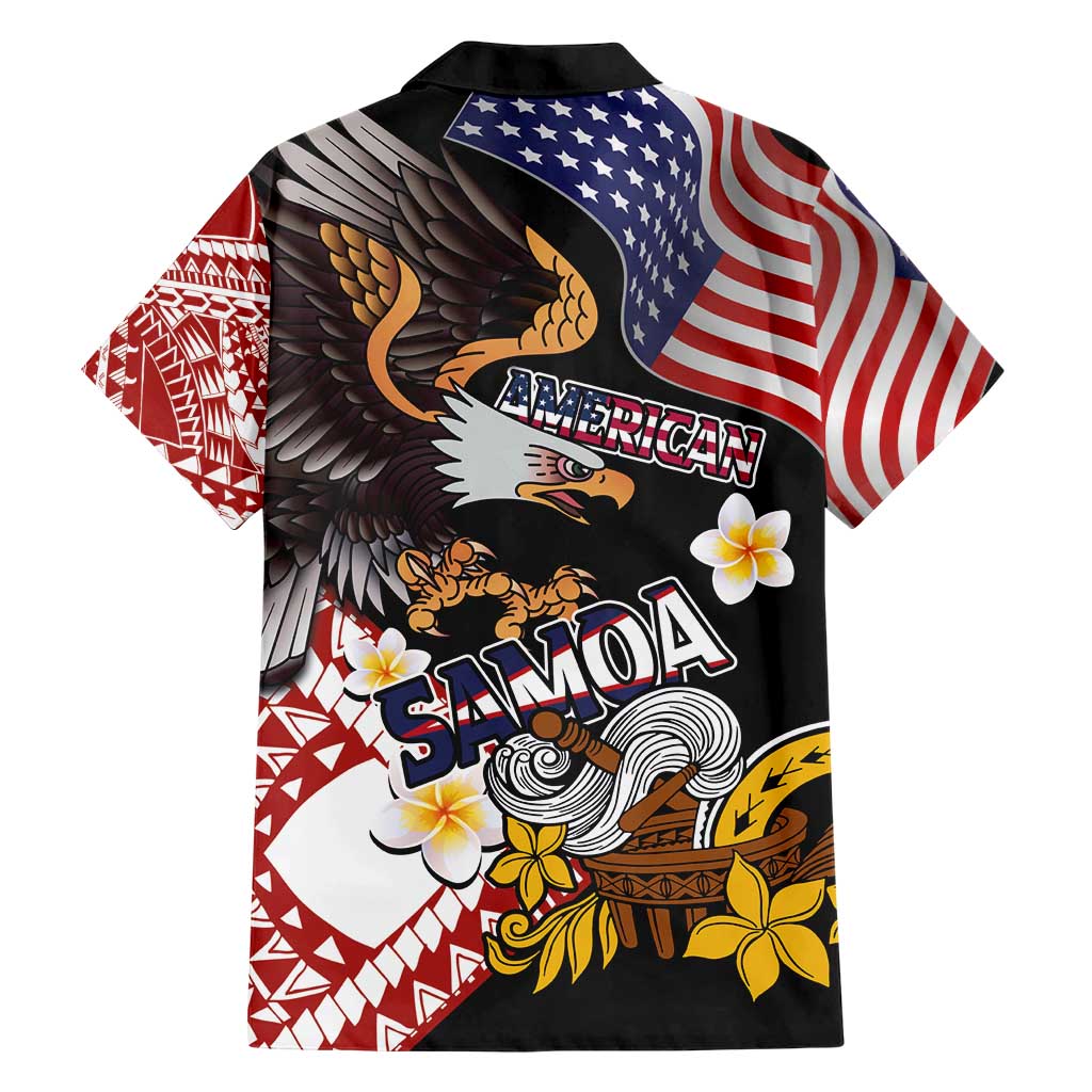 United States and American Samoa Together Family Matching Short Sleeve Bodycon Dress and Hawaiian Shirt Bald Eagle and Polynesian Traditional Culture with Plumeria