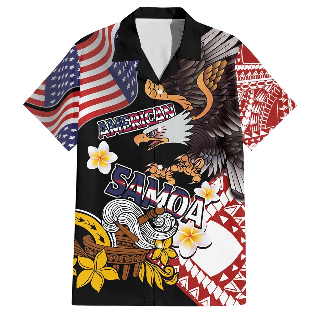 United States and American Samoa Together Hawaiian Shirt Bald Eagle and Polynesian Traditional Culture with Plumeria