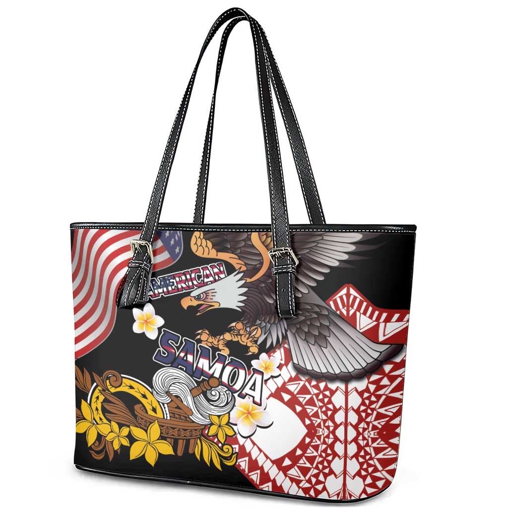 United States and American Samoa Together Leather Tote Bag Bald Eagle and Polynesian Traditional Culture with Plumeria