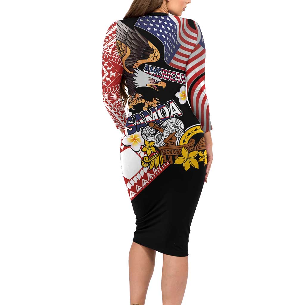 United States and American Samoa Together Long Sleeve Bodycon Dress Bald Eagle and Polynesian Traditional Culture with Plumeria