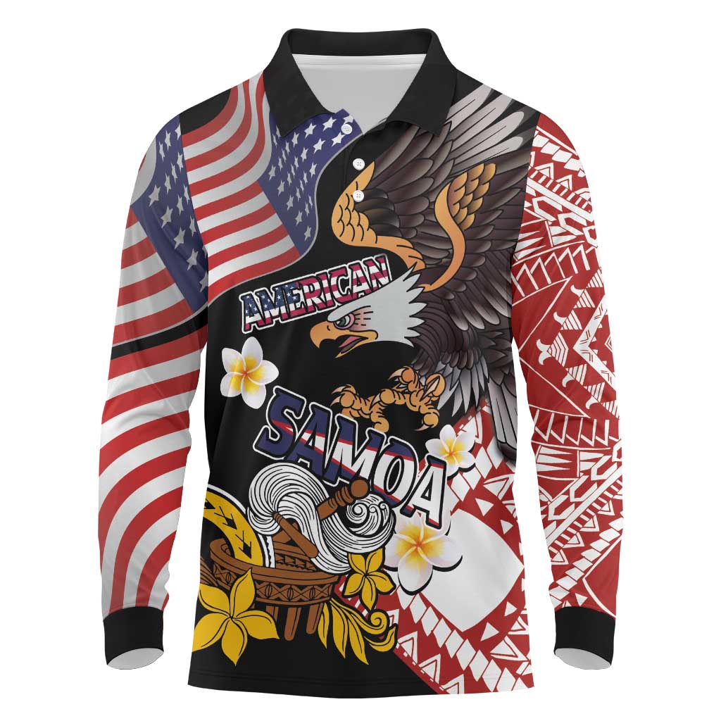 United States and American Samoa Together Long Sleeve Polo Shirt Bald Eagle and Polynesian Traditional Culture with Plumeria