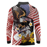 United States and American Samoa Together Long Sleeve Polo Shirt Bald Eagle and Polynesian Traditional Culture with Plumeria LT03 - Polynesian Pride