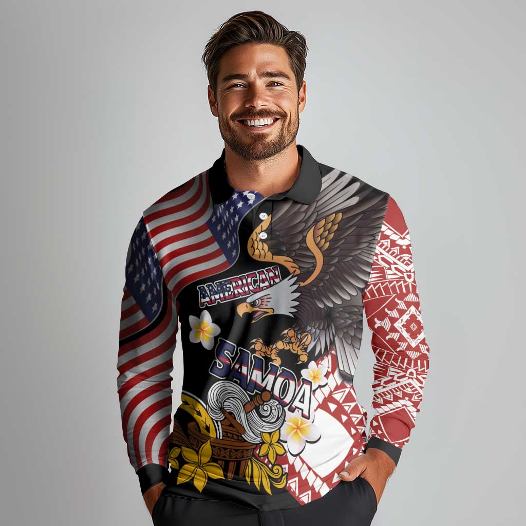 United States and American Samoa Together Long Sleeve Polo Shirt Bald Eagle and Polynesian Traditional Culture with Plumeria LT03 - Polynesian Pride