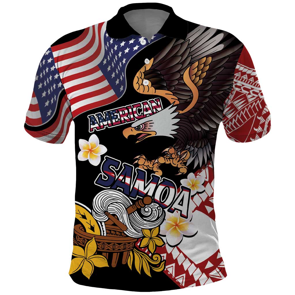 United States and American Samoa Together Polo Shirt Bald Eagle and Polynesian Traditional Culture with Plumeria LT03 Black - Polynesian Pride