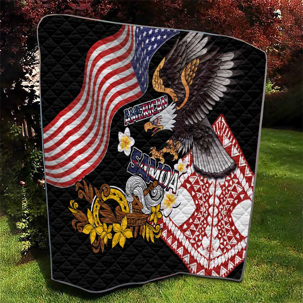 United States and American Samoa Together Quilt Bald Eagle and Polynesian Traditional Culture with Plumeria