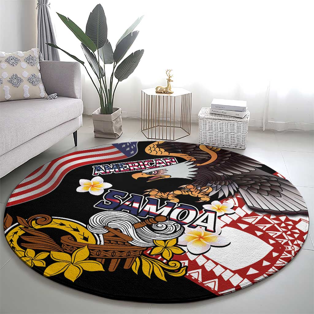 United States and American Samoa Together Round Carpet Bald Eagle and Polynesian Traditional Culture with Plumeria