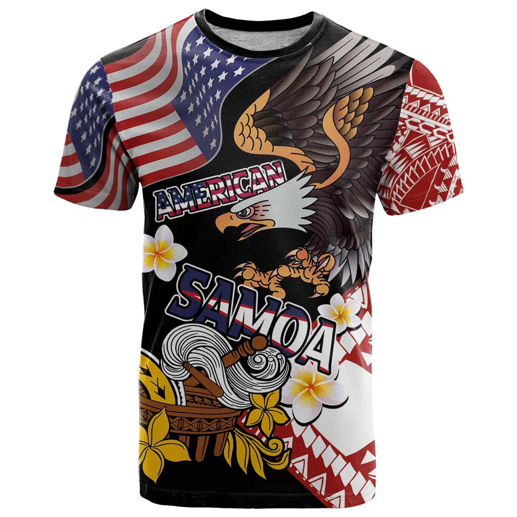 United States and American Samoa Together T Shirt Bald Eagle and Polynesian Traditional Culture with Plumeria