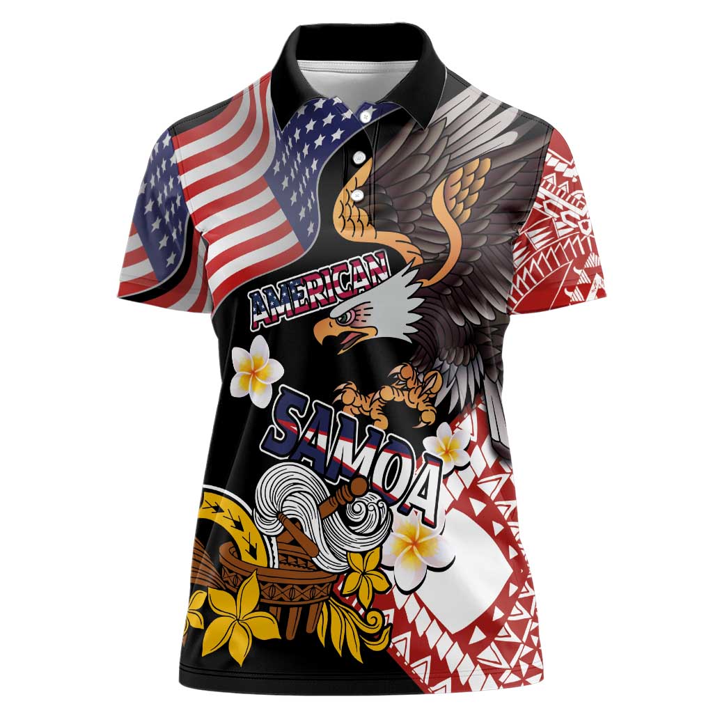 United States and American Samoa Together Women Polo Shirt Bald Eagle and Polynesian Traditional Culture with Plumeria LT03 Female Black - Polynesian Pride