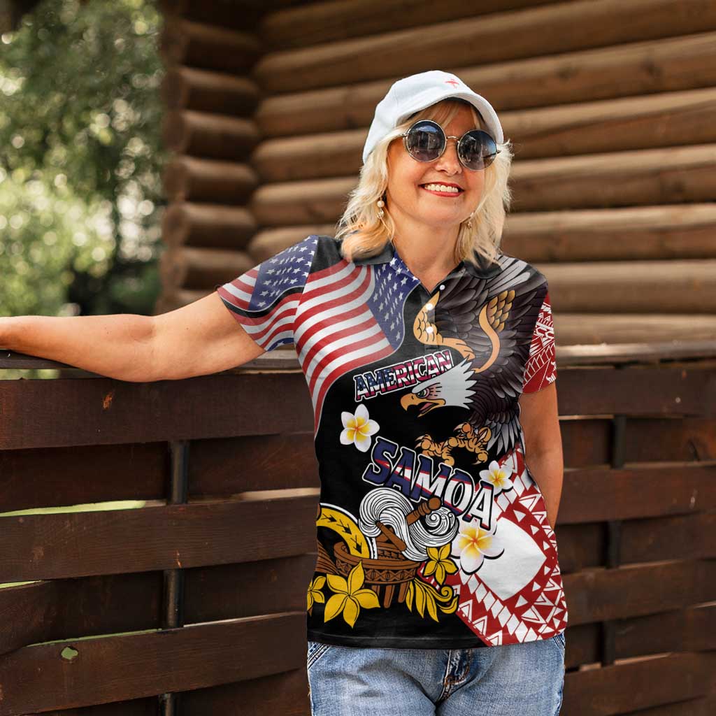 United States and American Samoa Together Women Polo Shirt Bald Eagle and Polynesian Traditional Culture with Plumeria LT03 - Polynesian Pride