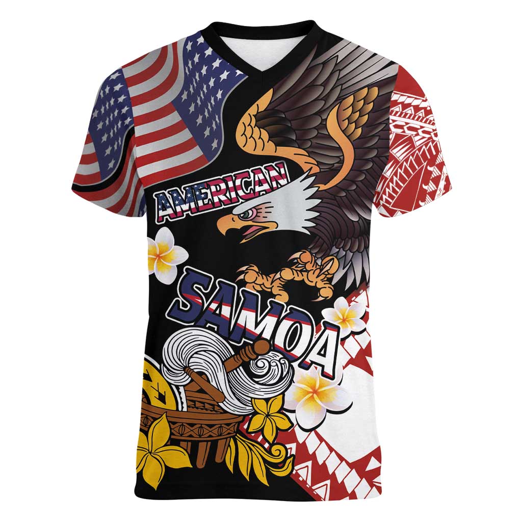 United States and American Samoa Together Women V-Neck T-Shirt Bald Eagle and Polynesian Traditional Culture with Plumeria
