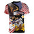 United States and American Samoa Together Women V-Neck T-Shirt Bald Eagle and Polynesian Traditional Culture with Plumeria