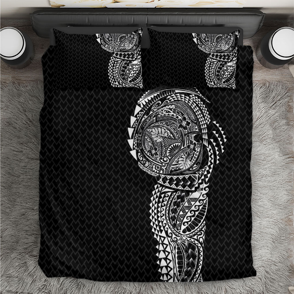 Hawaiian Traditional Tattoos Bedding Set Kakau Tribal Tropical Plant Motif Black Color