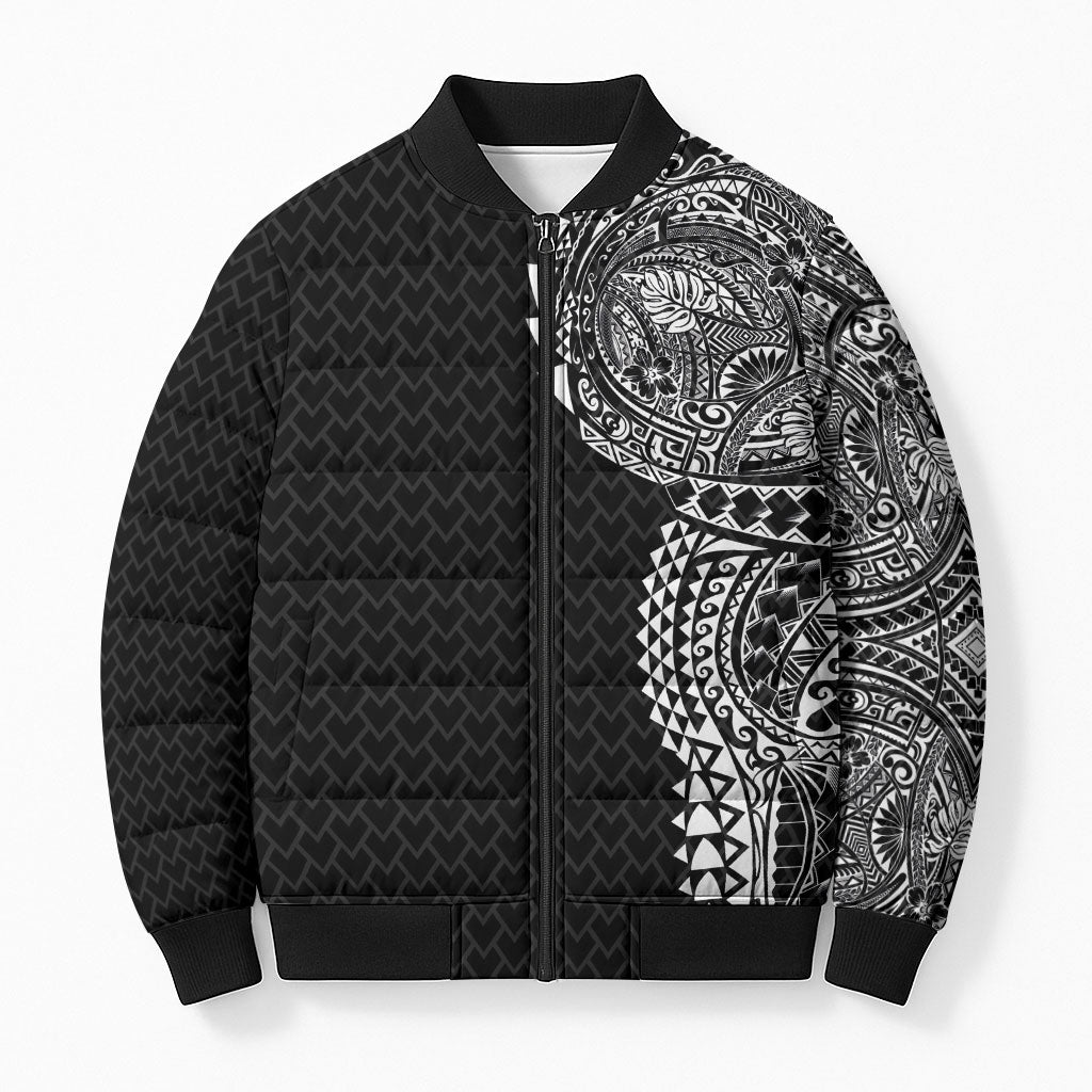 Hawaiian Traditional Tattoos Bomber Puffer Jacket Kakau Tribal Tropical Plant Motif Black Color