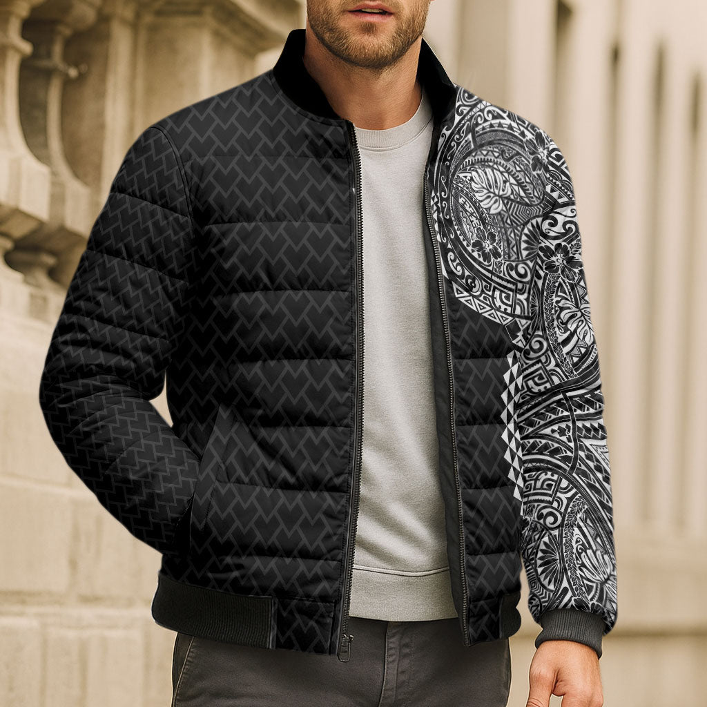 Hawaiian Traditional Tattoos Bomber Puffer Jacket Kakau Tribal Tropical Plant Motif Black Color