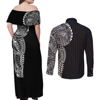 Hawaiian Traditional Tattoos Couples Matching Off Shoulder Maxi Dress and Long Sleeve Button Shirt Kakau Tribal Tropical Plant Motif Black Color LT03 - Polynesian Pride