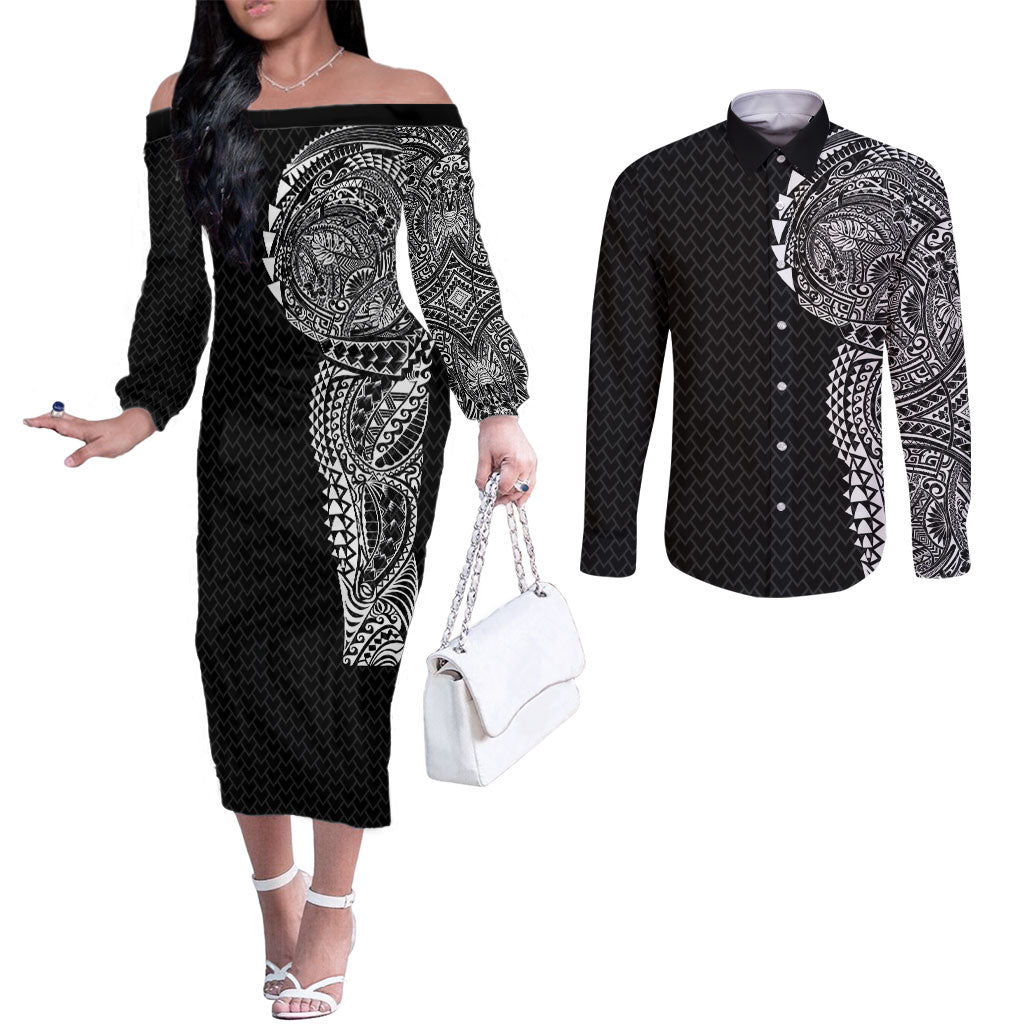 Hawaiian Traditional Tattoos Couples Matching Off The Shoulder Long Sleeve Dress and Long Sleeve Button Shirt Kakau Tribal Tropical Plant Motif Black Color