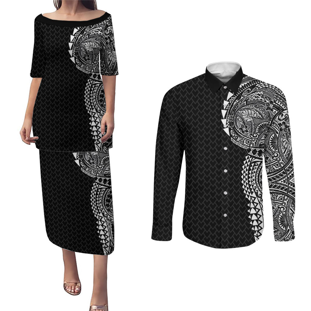 Hawaiian Traditional Tattoos Couples Matching Puletasi and Long Sleeve Button Shirt Kakau Tribal Tropical Plant Motif Black Color