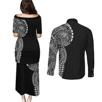 Hawaiian Traditional Tattoos Couples Matching Puletasi and Long Sleeve Button Shirt Kakau Tribal Tropical Plant Motif Black Color LT03 - Polynesian Pride
