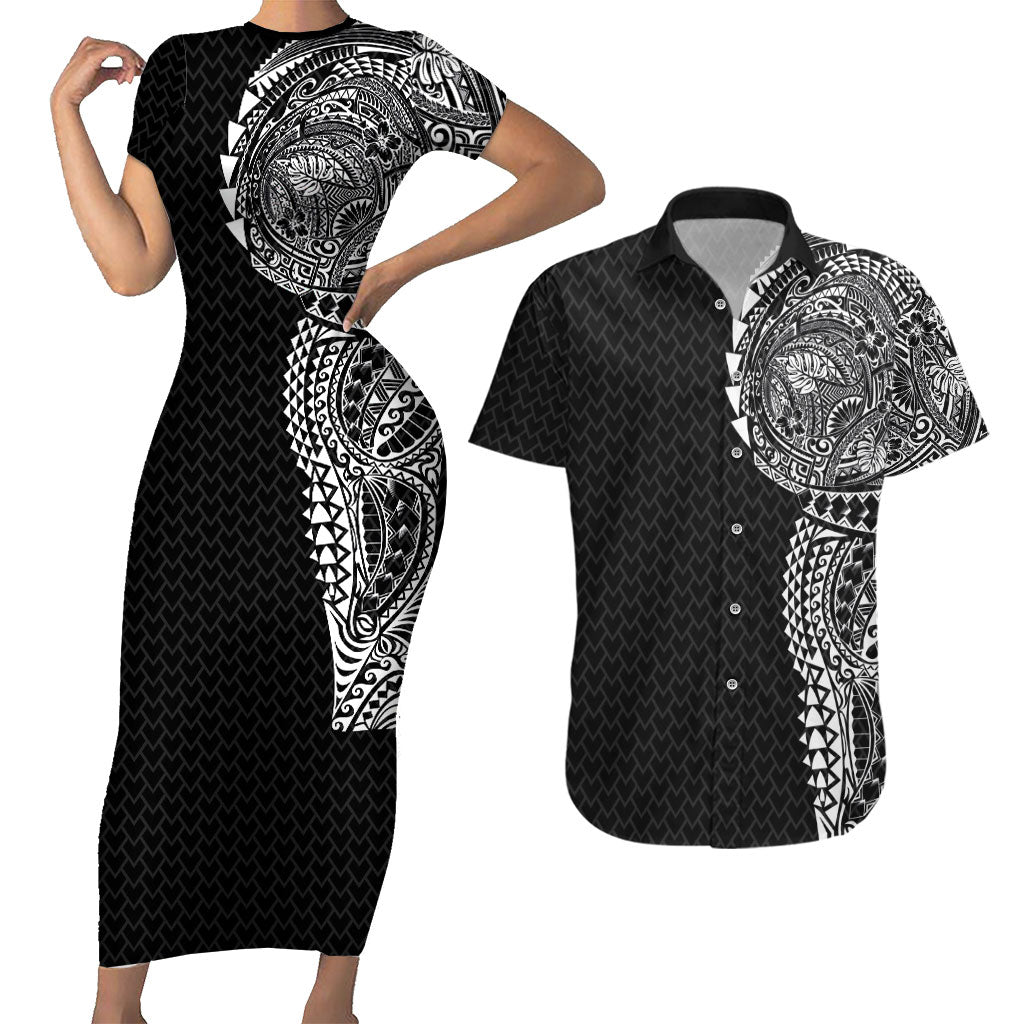 Hawaiian Traditional Tattoos Couples Matching Short Sleeve Bodycon Dress and Hawaiian Shirt Kakau Tribal Tropical Plant Motif Black Color