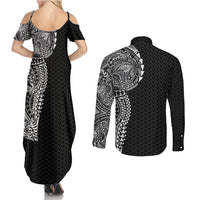 Hawaiian Traditional Tattoos Couples Matching Summer Maxi Dress and Long Sleeve Button Shirt Kakau Tribal Tropical Plant Motif Black Color LT03 - Polynesian Pride