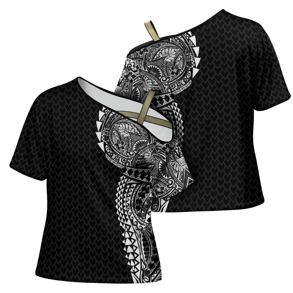 Hawaiian Traditional Tattoos Cross Shoulder Shirt Kakau Tribal Tropical Plant Motif Black Color LT03 - Polynesian Pride