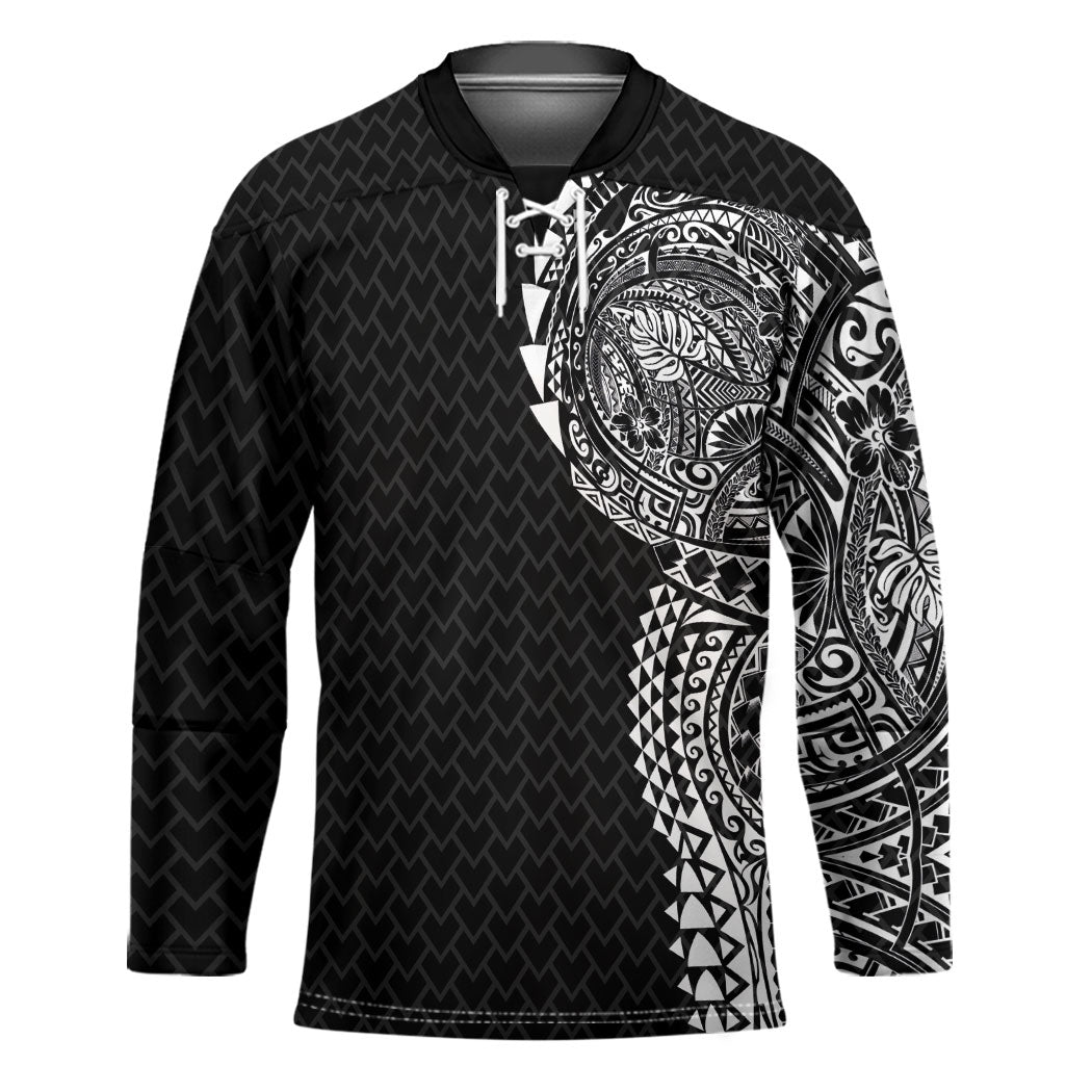 Hawaiian Traditional Tattoos Hockey Jersey Kakau Tribal Tropical Plant Motif Black Color LT03 Unisex Black - Polynesian Pride
